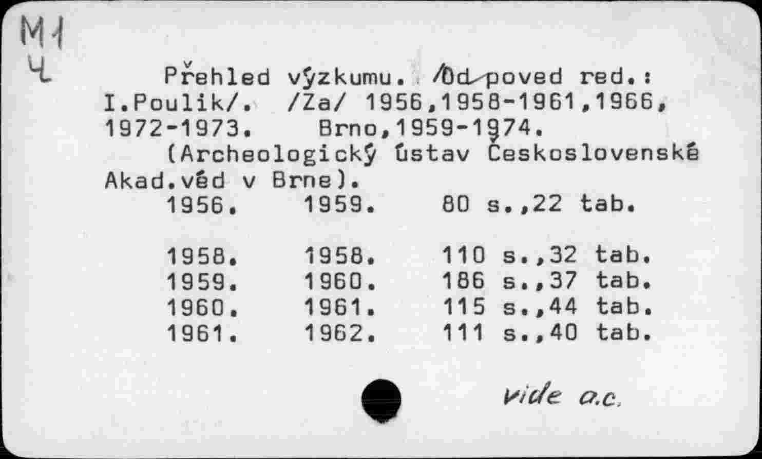 ﻿Ml
H-	Prehled vÿzkumu. /OcL--poved red.:
I.Poulik/. /Za/ 1956,1958-1961,1966, 1972-1973. Brno,1959-1^74.
(Archeologiск$» ûstav Ceskoslovenskê Akad.vêd v Brne).
1956.	1959.	80 s.,22 tab.
1958.	1958.	110 s.,32 tab.
1959.	1960.	186 s.,37 tab.
1960.	1961.	115 s.,44 tab.
1961 .	1962.	111 s.,40 tab.
l/ic/є a.c.